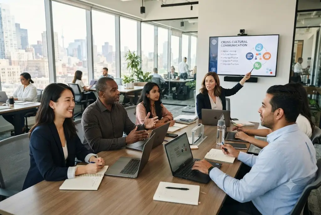 corporate language learning training session in a modern workplace
